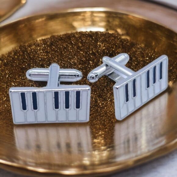 Piano Key Silver Cufflinks Tuxedo Formal Shaped Cuff Links Musician Band NWT Men - Picture 4 of 8